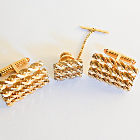 14k Gold Overlay Cuff links Tie pin Set with Garnets - Picture 1 of 3